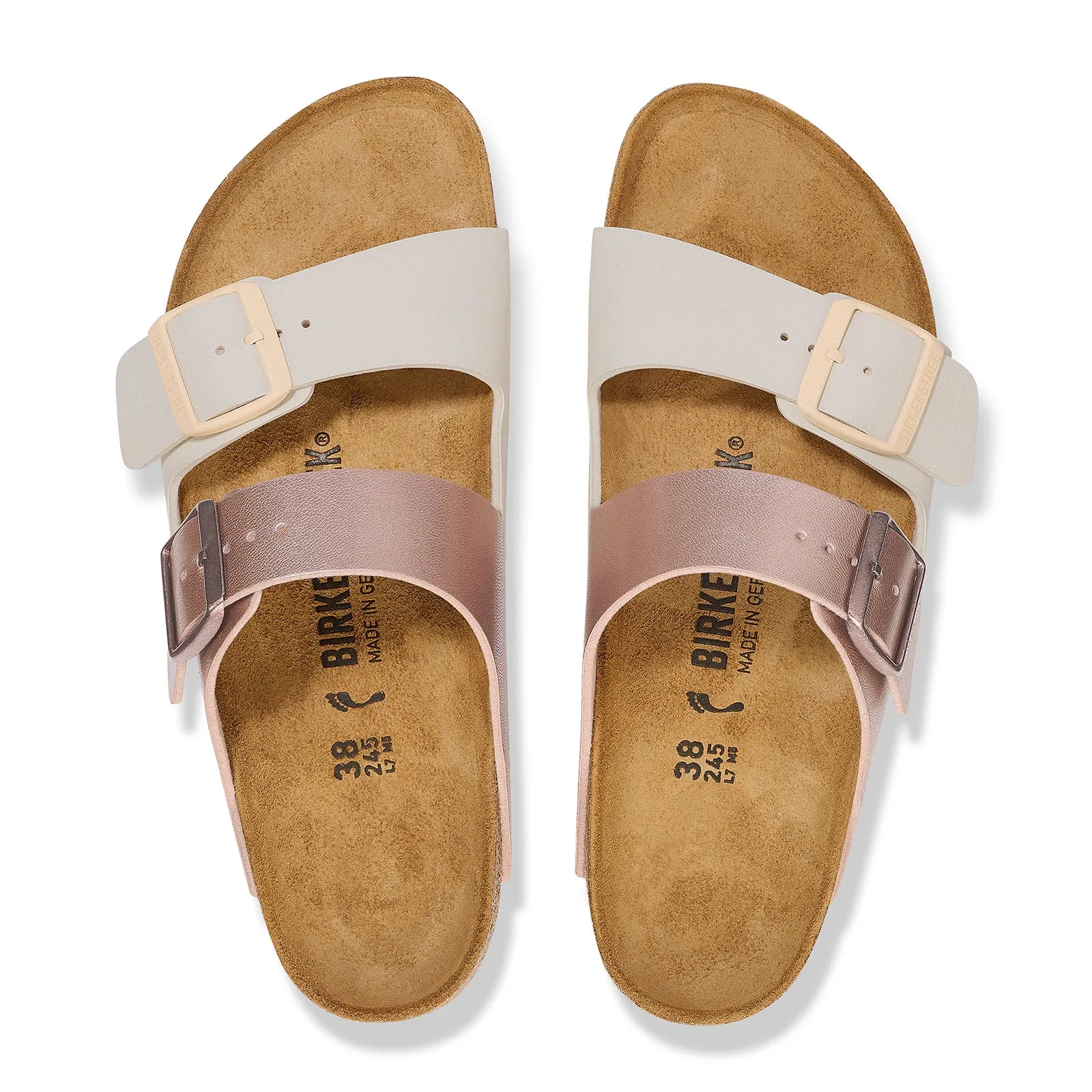 Birkenstock Arizona Narrow Slide Sandal (Women) - Eggshell/Metallic Copper Birko-Flor