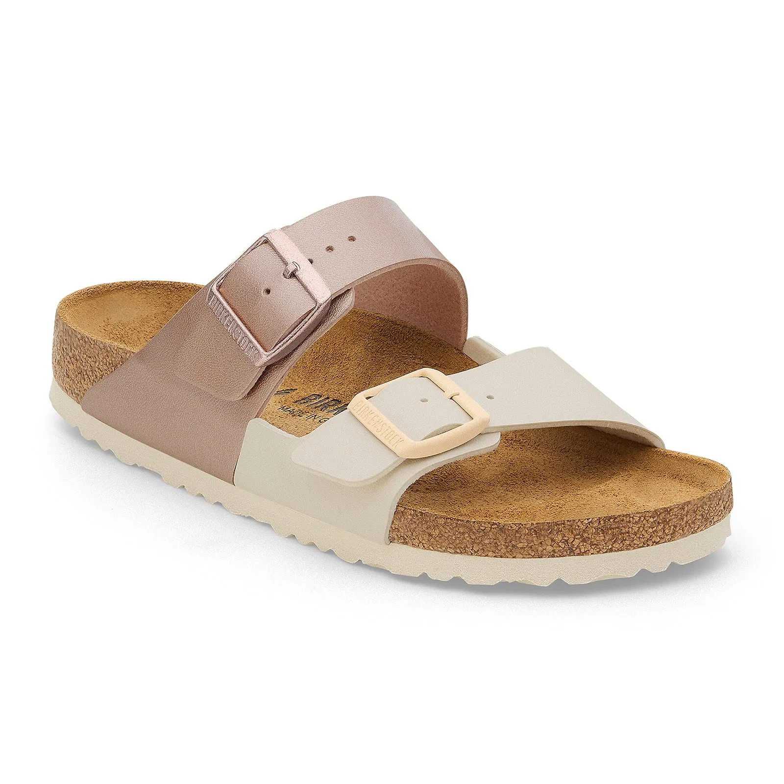 Birkenstock Arizona Narrow Slide Sandal (Women) - Eggshell/Metallic Copper Birko-Flor