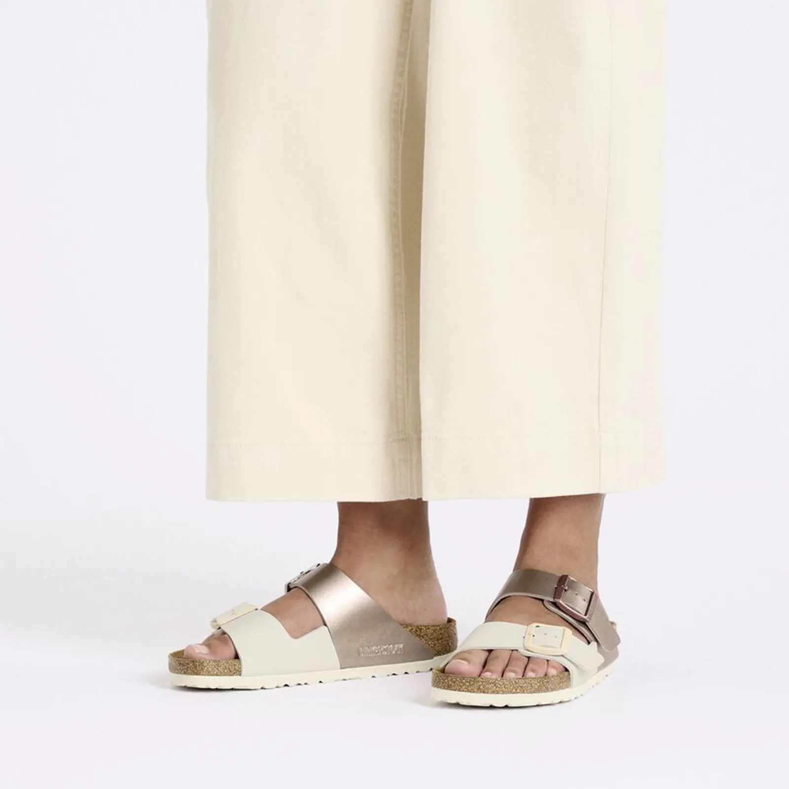Birkenstock Arizona Narrow Slide Sandal (Women) - Eggshell/Metallic Copper Birko-Flor