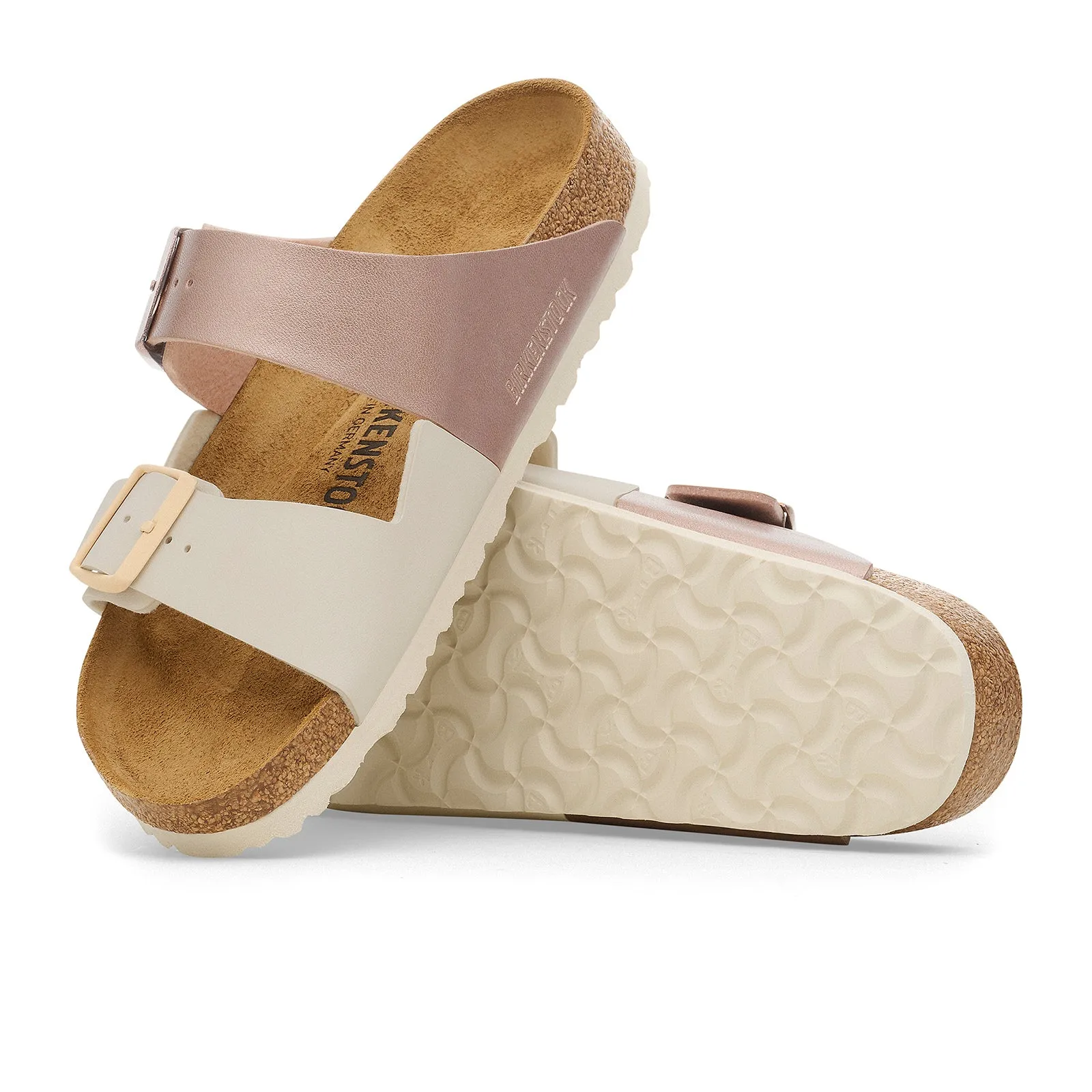 Birkenstock Arizona Narrow Slide Sandal (Women) - Eggshell/Metallic Copper Birko-Flor