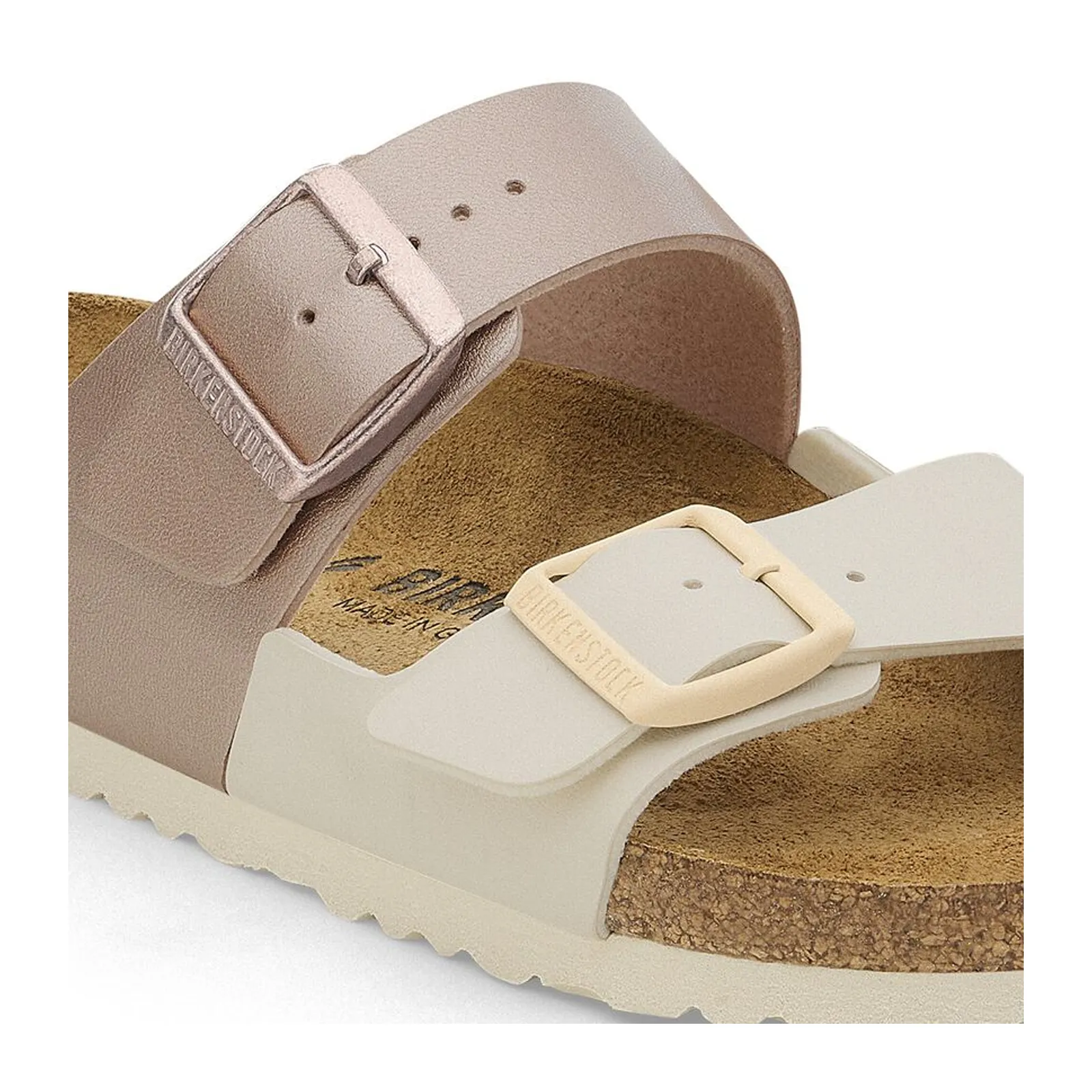 Birkenstock Arizona Narrow Slide Sandal (Women) - Eggshell/Metallic Copper Birko-Flor