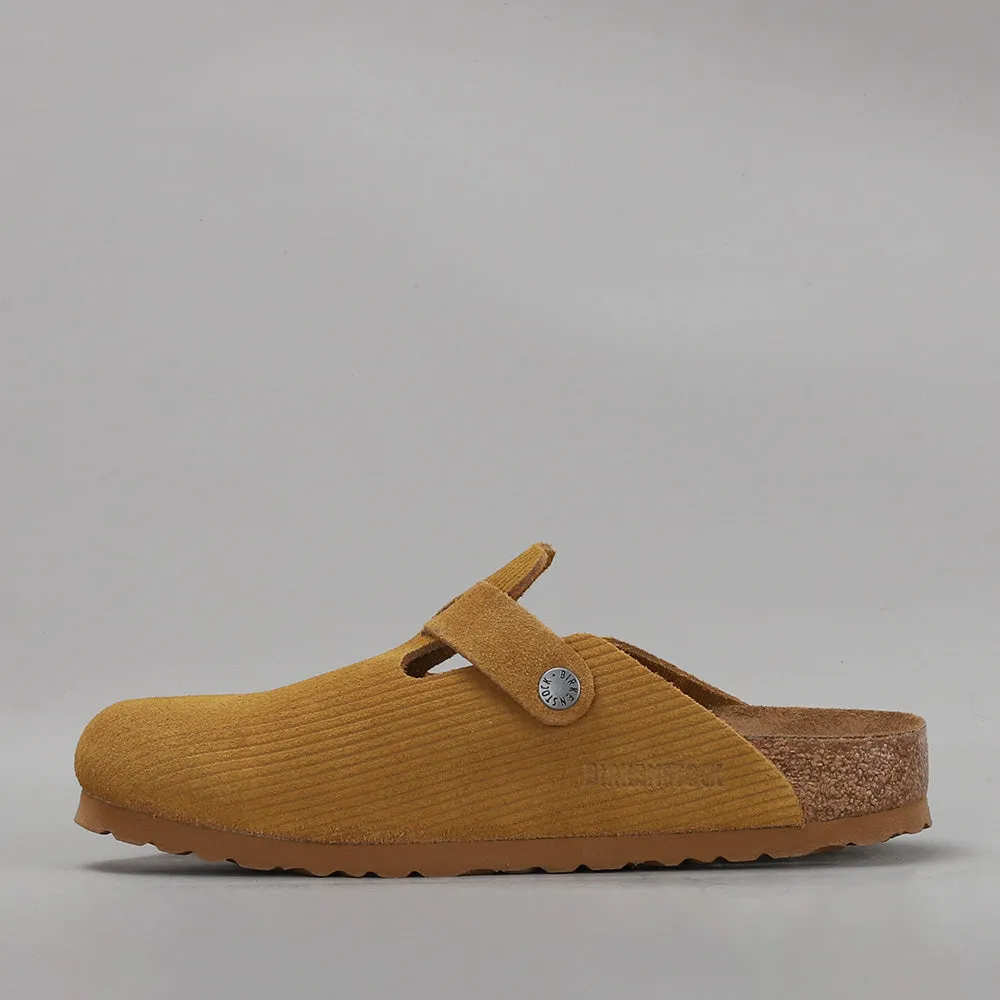 BIRKENSTOCK BOSTON CORDUROY CORK BROWN EMBOSSED SUEDE CLOGS - NARROW