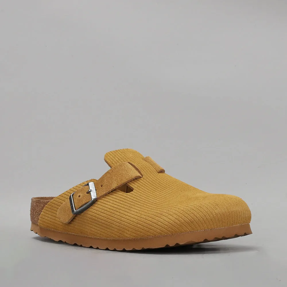 BIRKENSTOCK BOSTON CORDUROY CORK BROWN EMBOSSED SUEDE CLOGS - NARROW