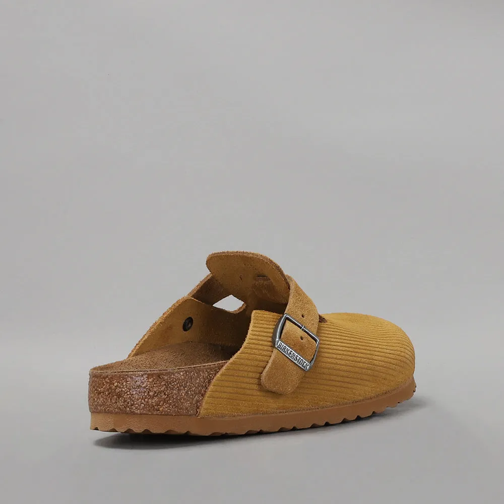 BIRKENSTOCK BOSTON CORDUROY CORK BROWN EMBOSSED SUEDE CLOGS - NARROW