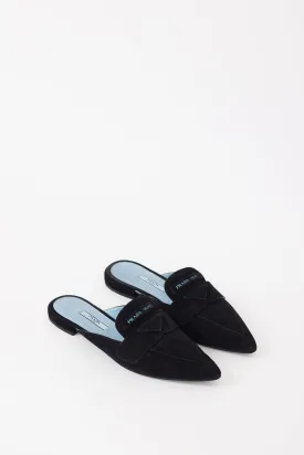 Black Suede Logo Pointed Toe Mule