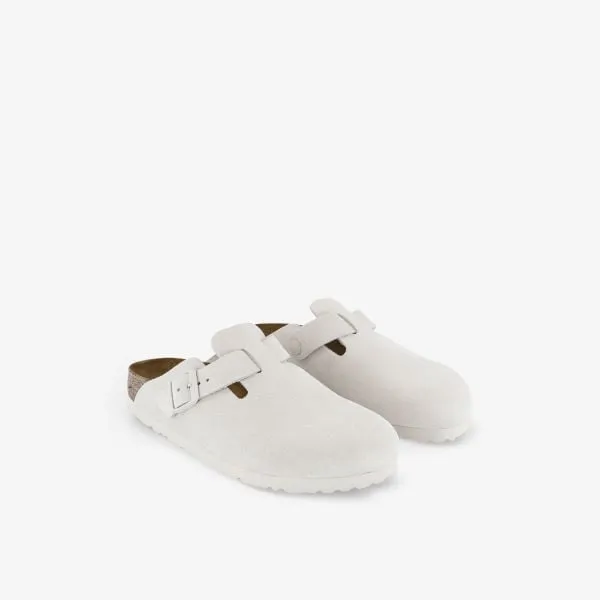 Boston Buckle Suede Mules with Birkenstock Clogs, White