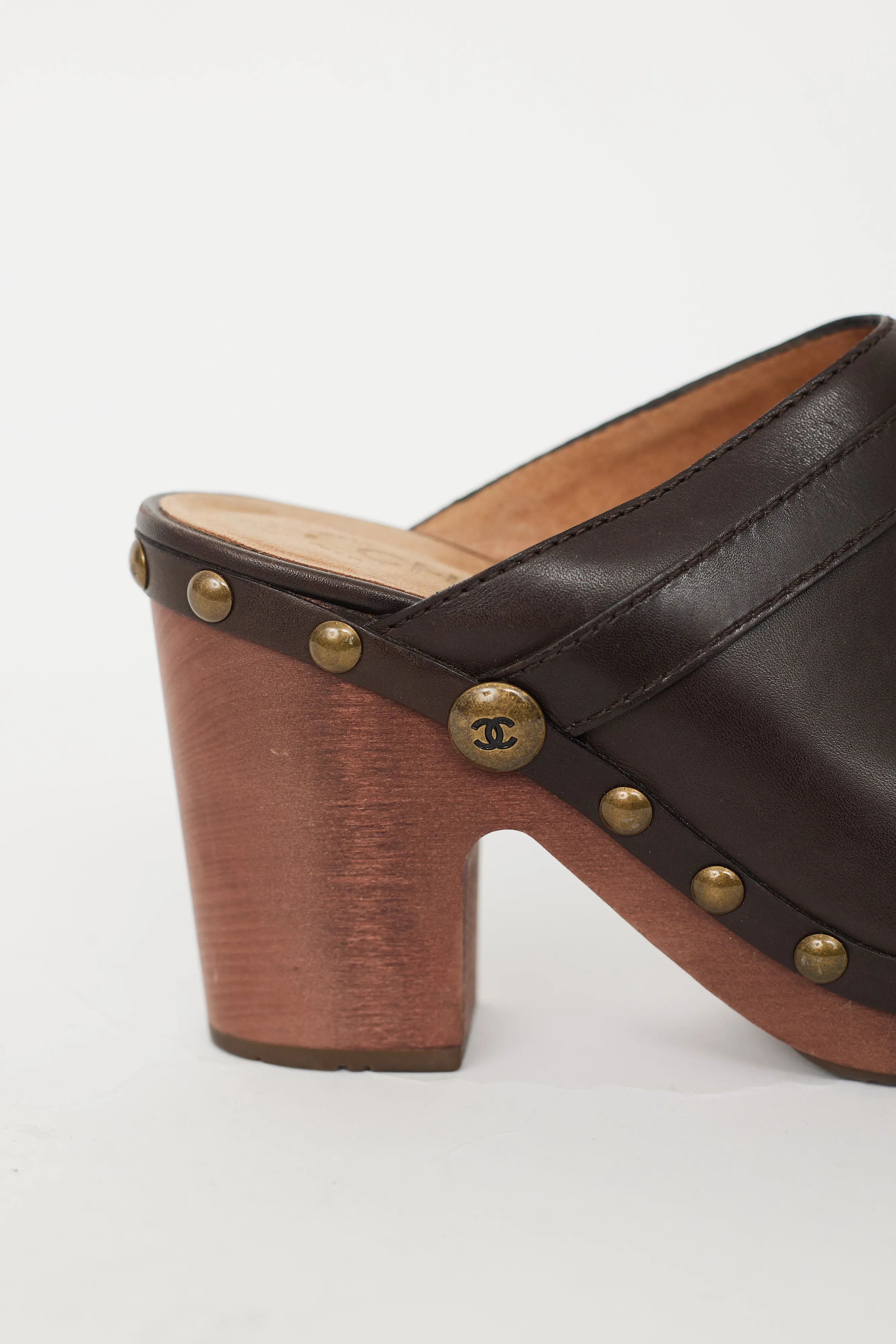 Brown Leather Wooden Clog Mule