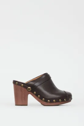 Brown Leather Wooden Clog Mule