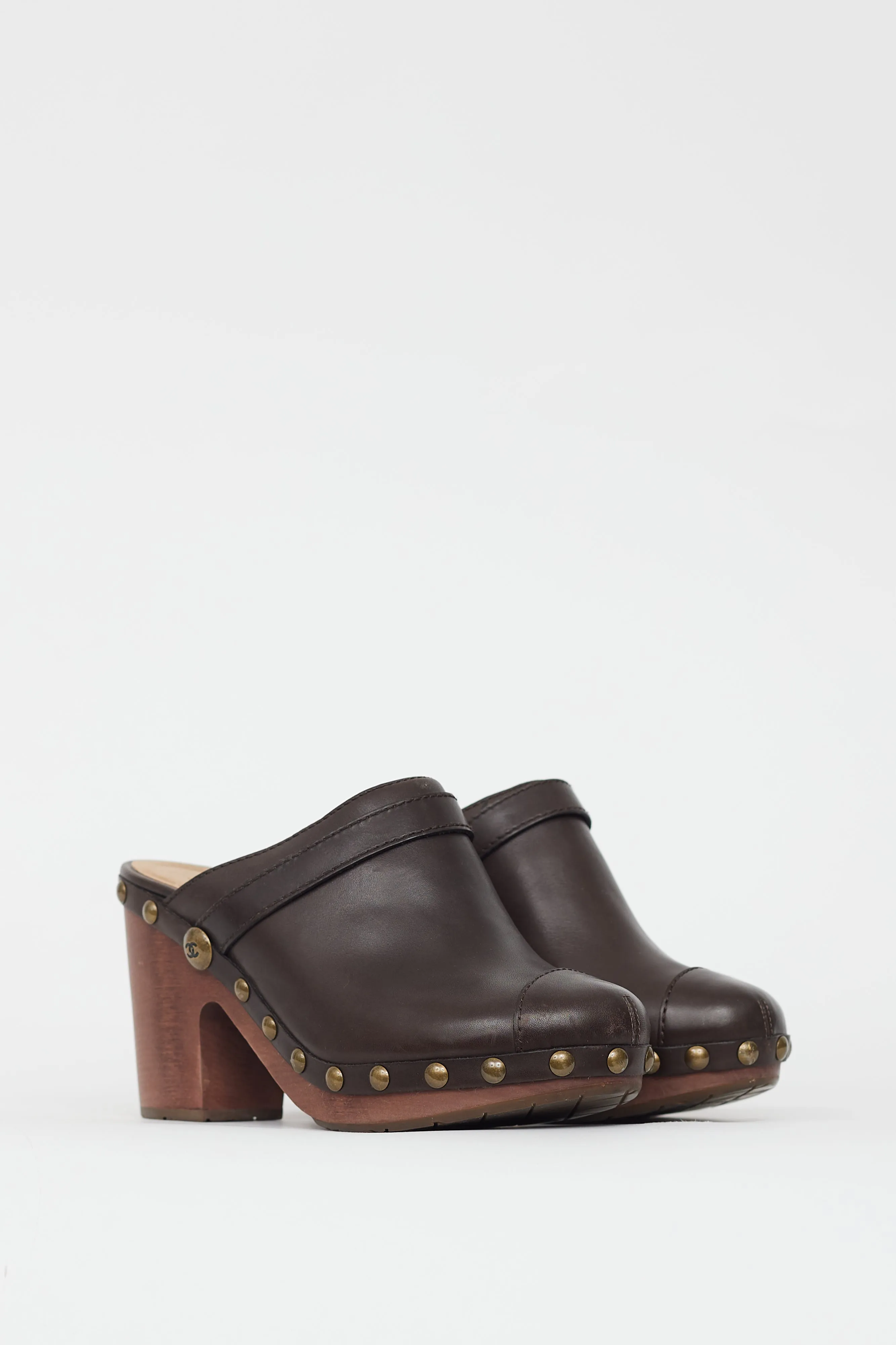 Brown Leather Wooden Clog Mule