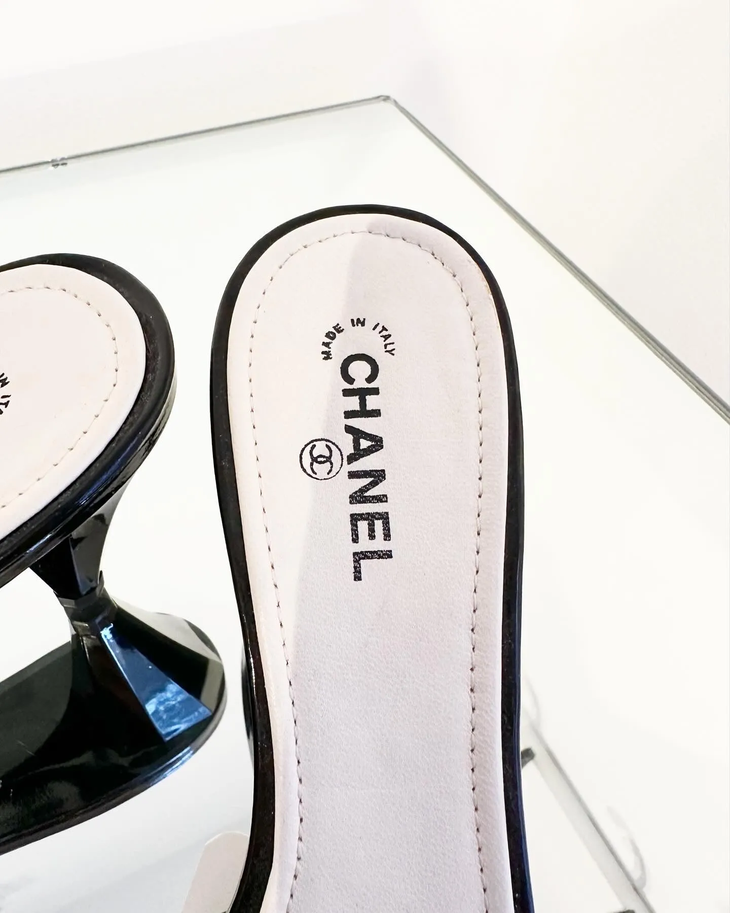 CHANEL Camelia Flower Leather Mules
