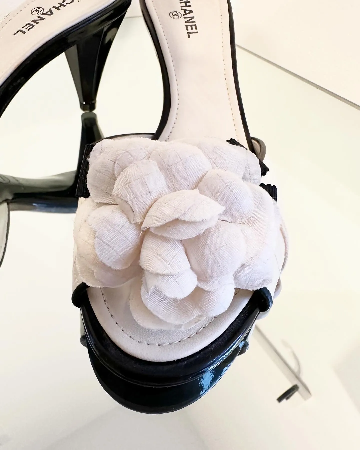 CHANEL Camelia Flower Leather Mules