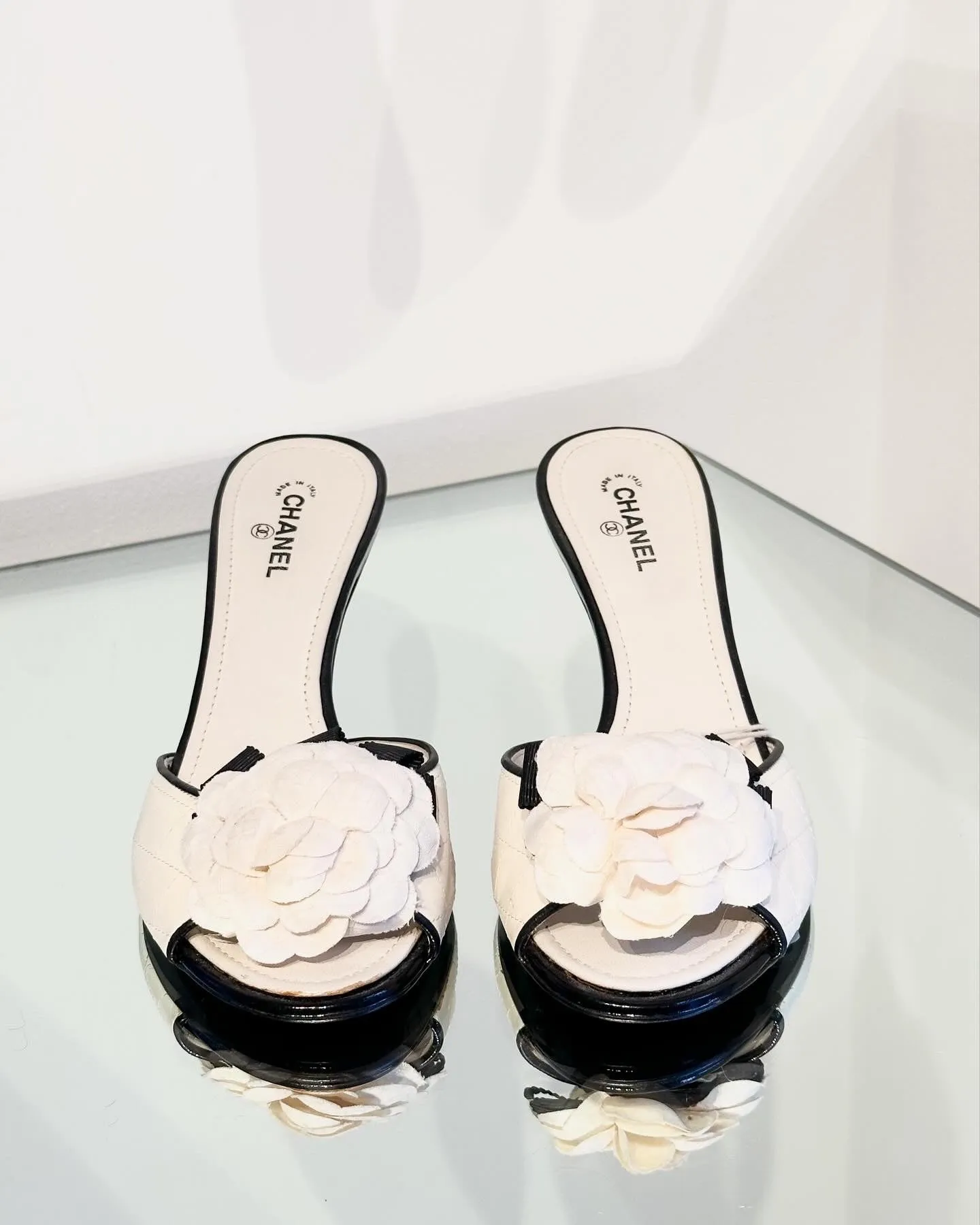 CHANEL Camelia Flower Leather Mules