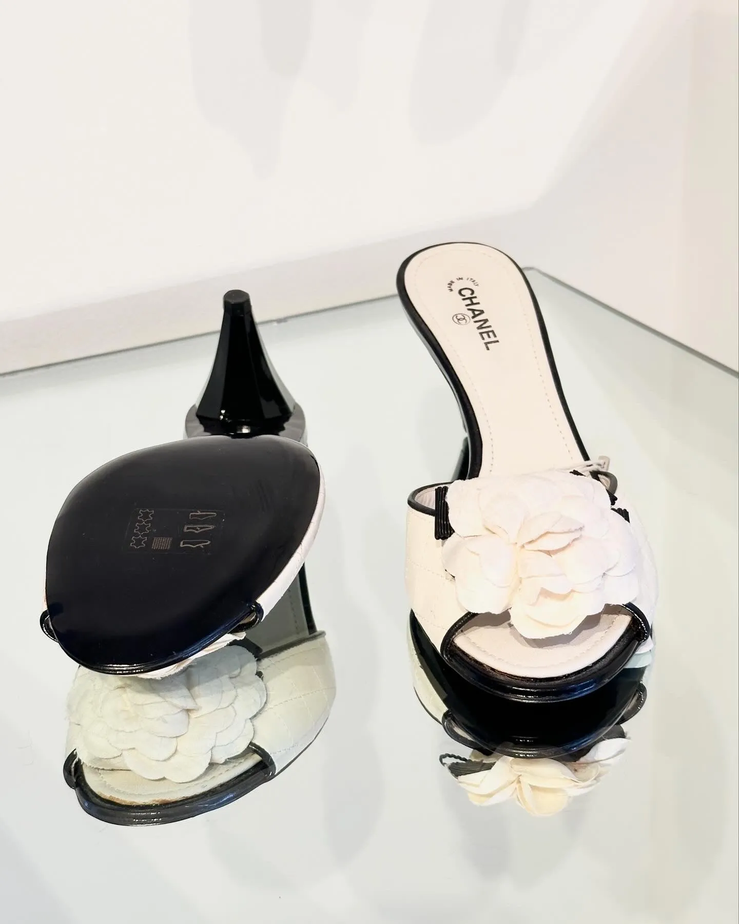CHANEL Camelia Flower Leather Mules