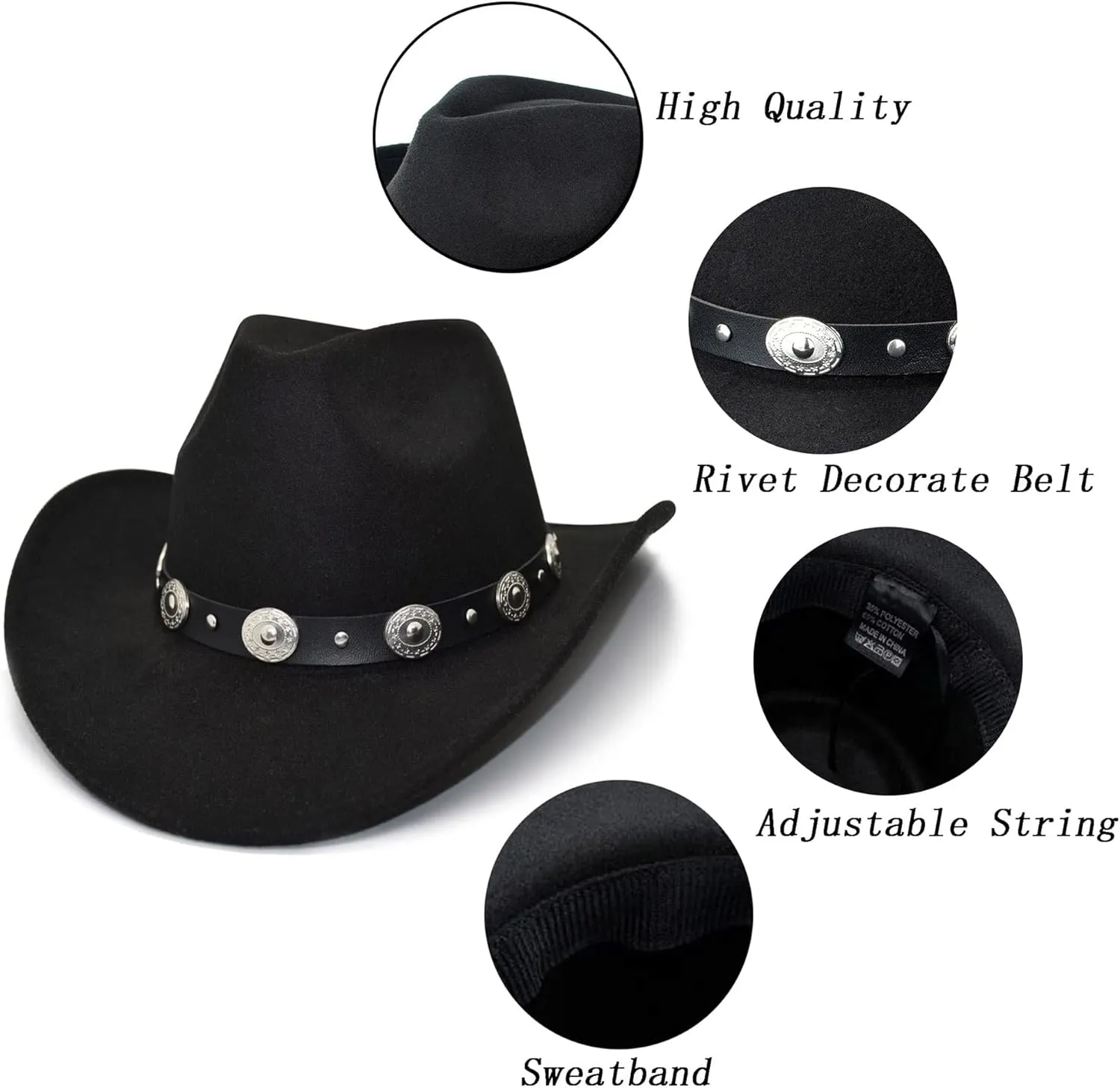 Classic Western-Cowboy-Hat Men Womens Wide Brim Cowgirl Hats Felt Fedora hat (S-M)
