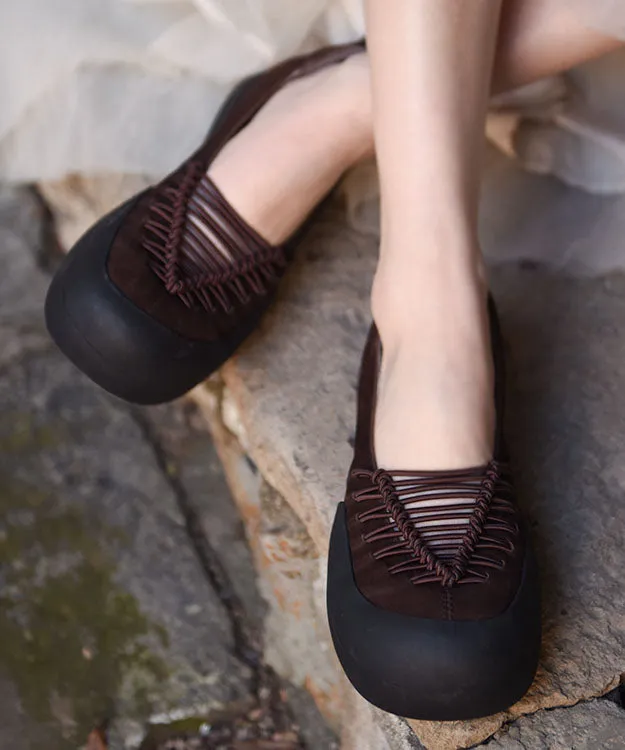Comfy Splicing Flat Feet Shoes Coffee Cowhide Leather LY7640