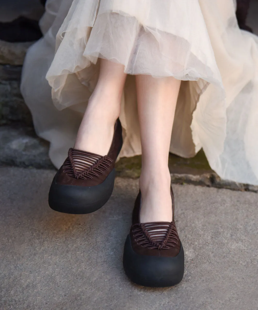 Comfy Splicing Flat Feet Shoes Coffee Cowhide Leather LY7640
