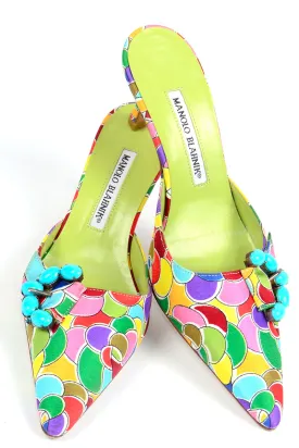Manolo Blahnik Bold Colorful Pointed Toe Mules W Blue Buckles