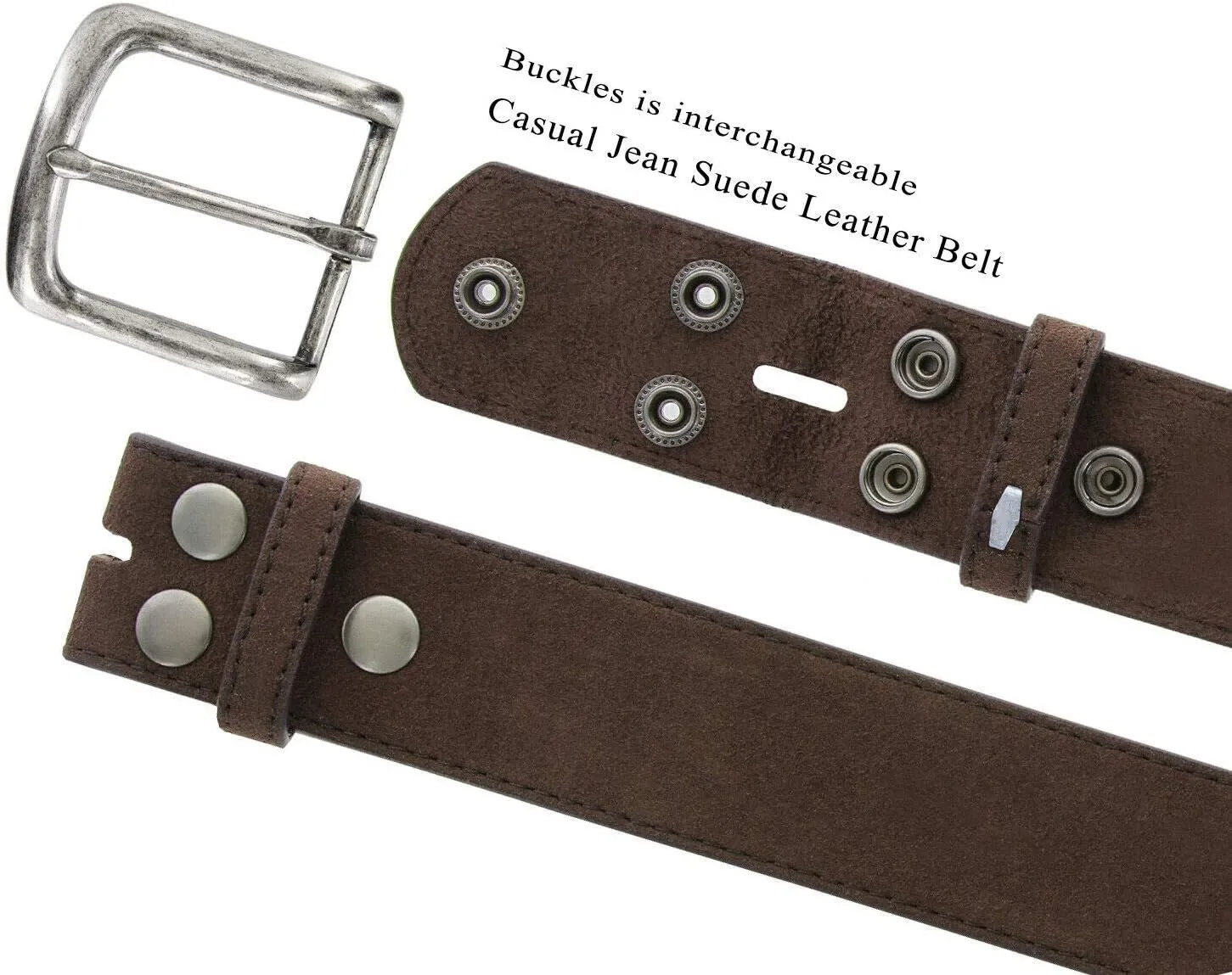 Men's Belt Rounded Edge Heel Bar Buckle Casual Jean Suede Leather Belt 1 1/2" Wide