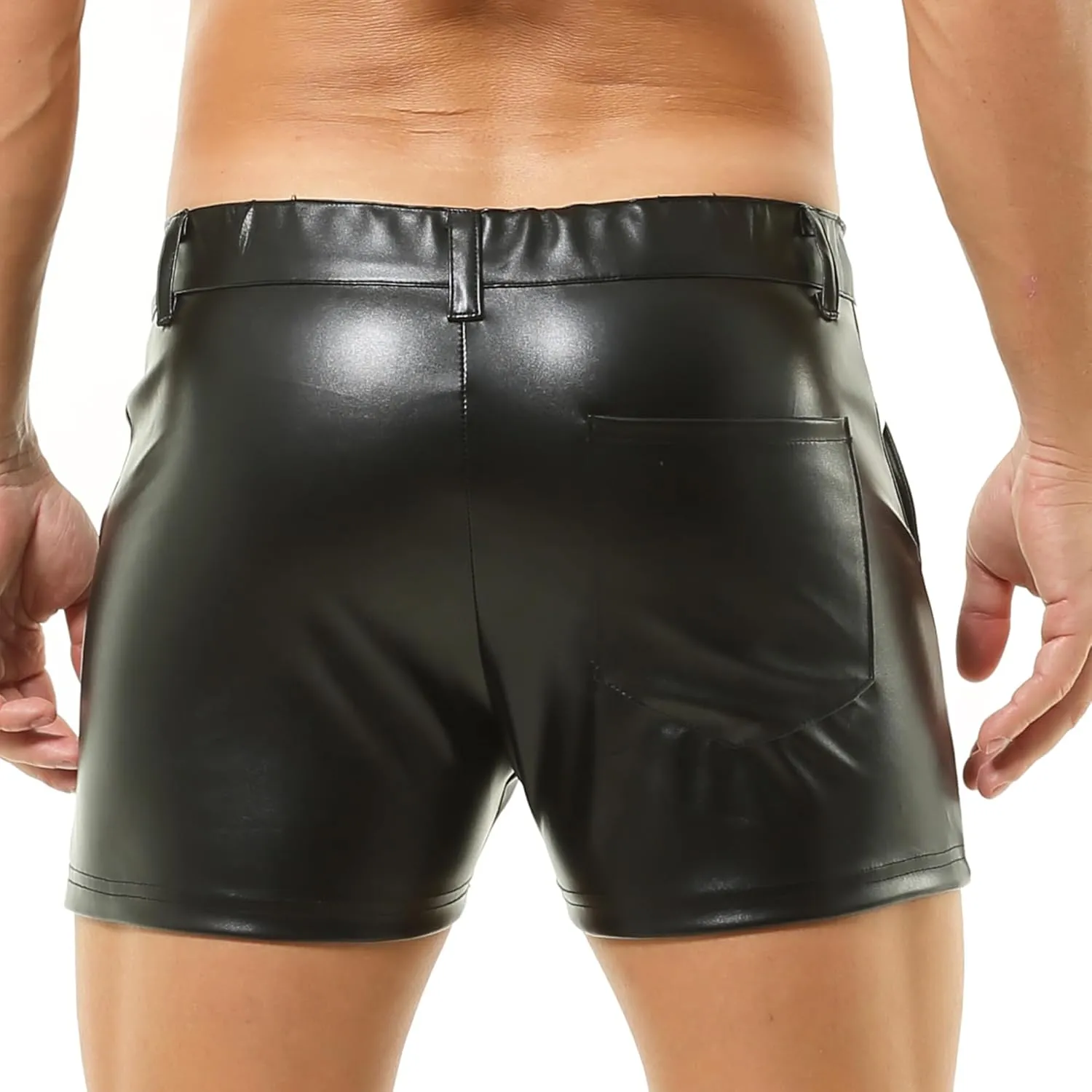 Men's PU Leather Shorts Flat Front Boxer Short Pants Casual Straight Leg Hot Shorts with Pocket & Zipper