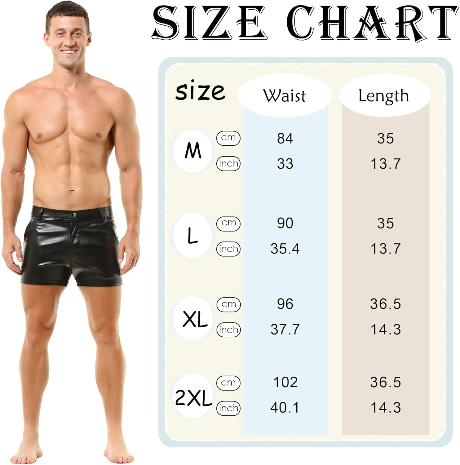 Men's PU Leather Shorts Flat Front Boxer Short Pants Casual Straight Leg Hot Shorts with Pocket & Zipper