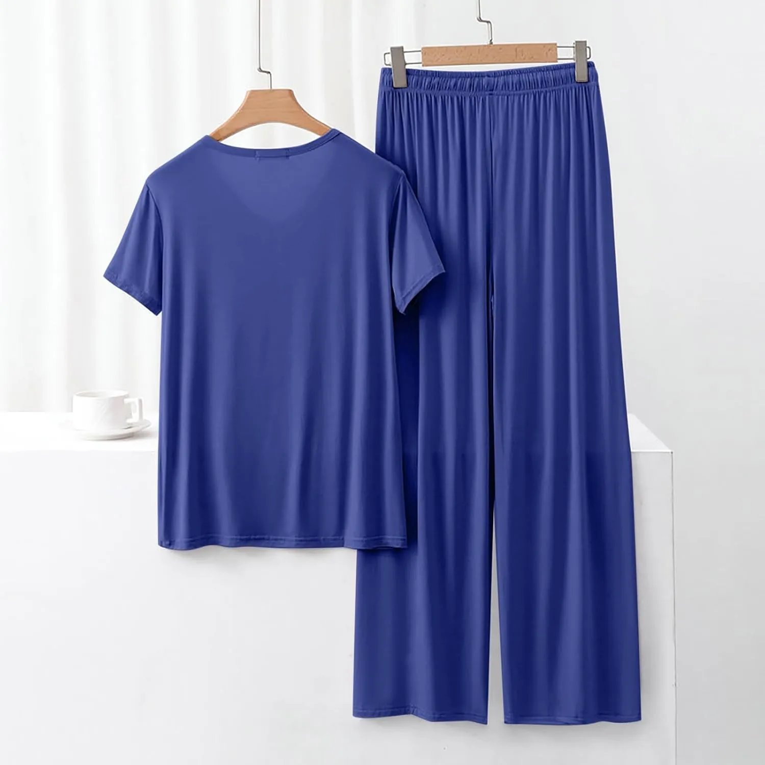 Pajama Sets For Women 2 Piece Pants And Short Sleeve Outfits Summer Casual Pullover Tops & Wide Leg Pants Lounge Sets