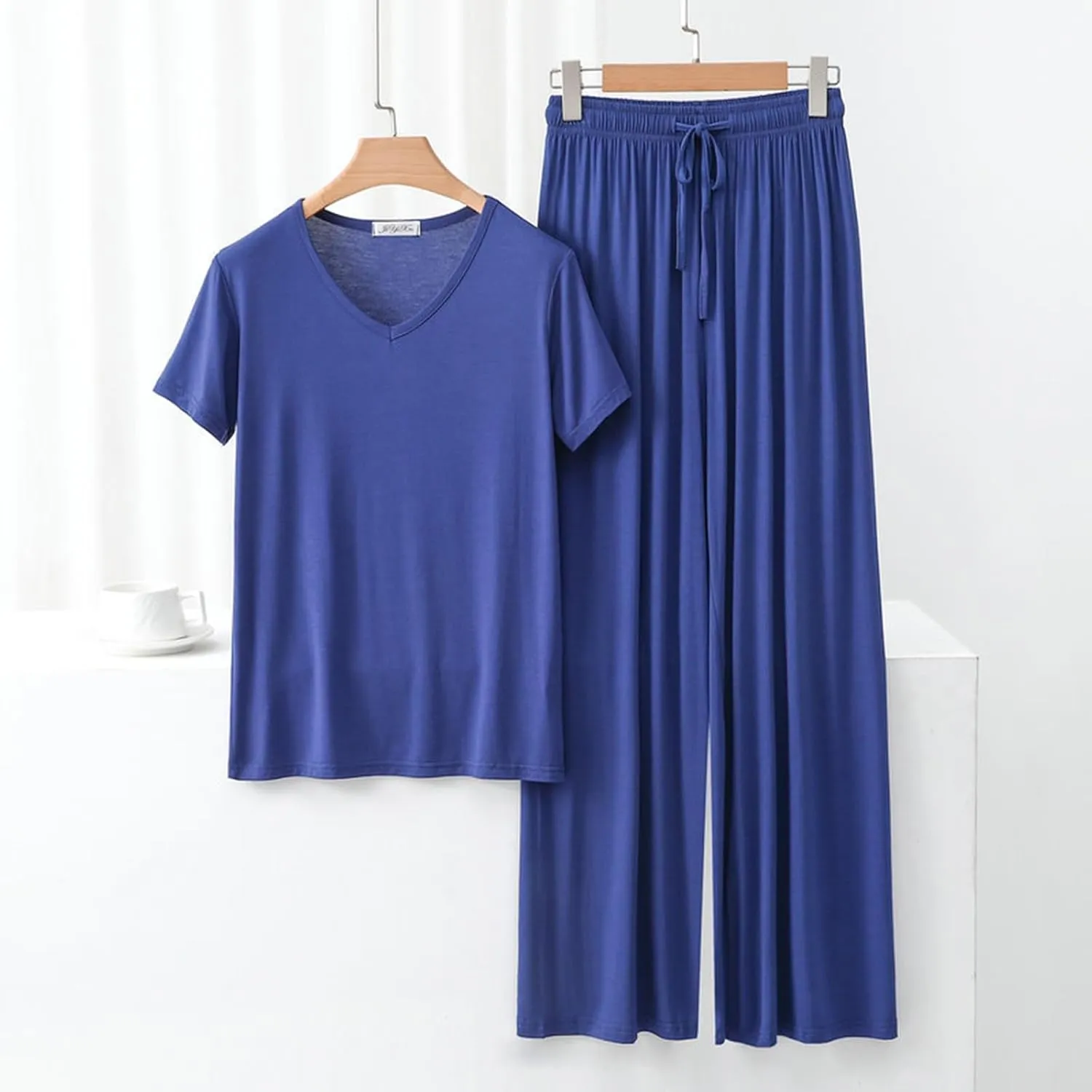 Pajama Sets For Women 2 Piece Pants And Short Sleeve Outfits Summer Casual Pullover Tops & Wide Leg Pants Lounge Sets