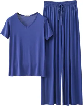 Pajama Sets For Women 2 Piece Pants And Short Sleeve Outfits Summer Casual Pullover Tops & Wide Leg Pants Lounge Sets