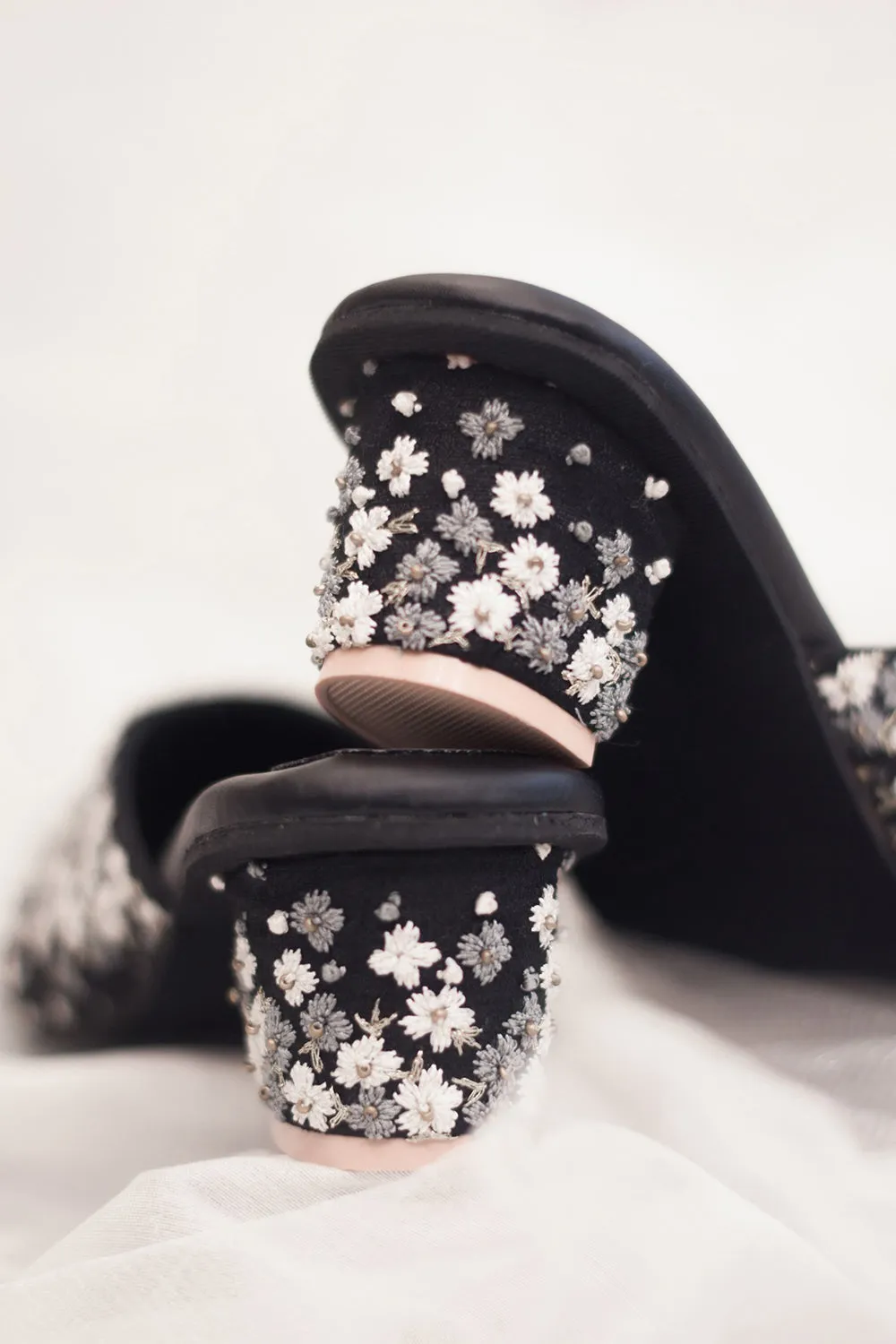 Poly Silk & Rexine Embroidered Heeled Black Mules