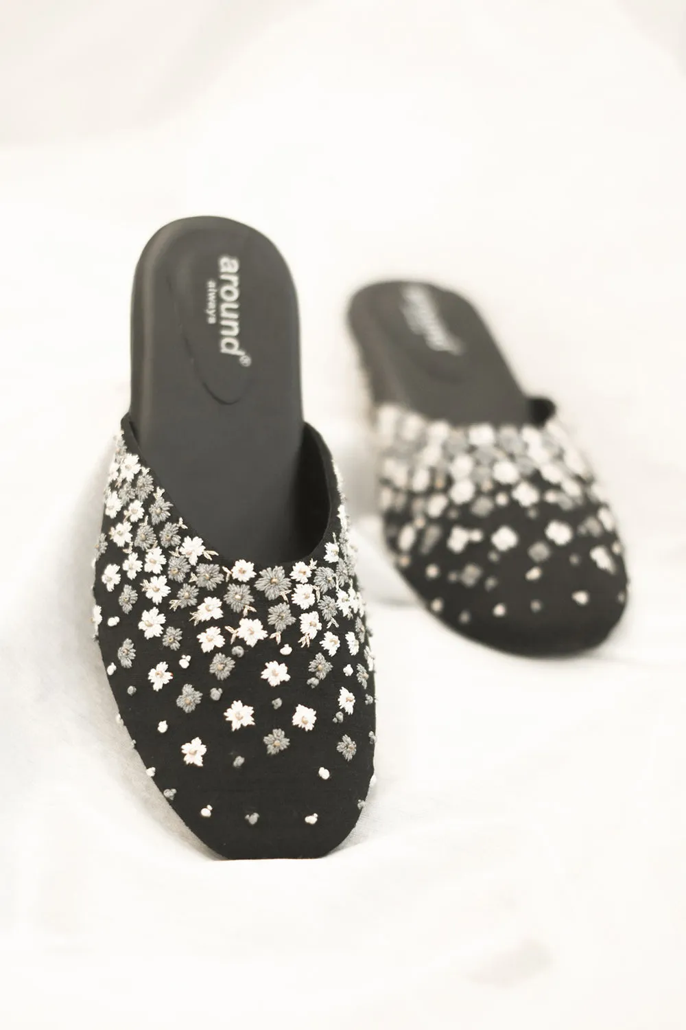 Poly Silk & Rexine Embroidered Heeled Black Mules
