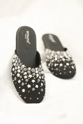 Poly Silk & Rexine Embroidered Heeled Black Mules