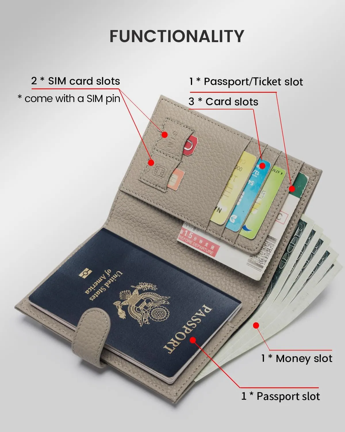 RFID Passport Holder Travel Wallet for Women, Leather Passport Cover Wallet with Card Holders SIM Slots,Zippered Coins Pocket and Cash Slot Slim Compact Travel Wallet (Eephant Grey)