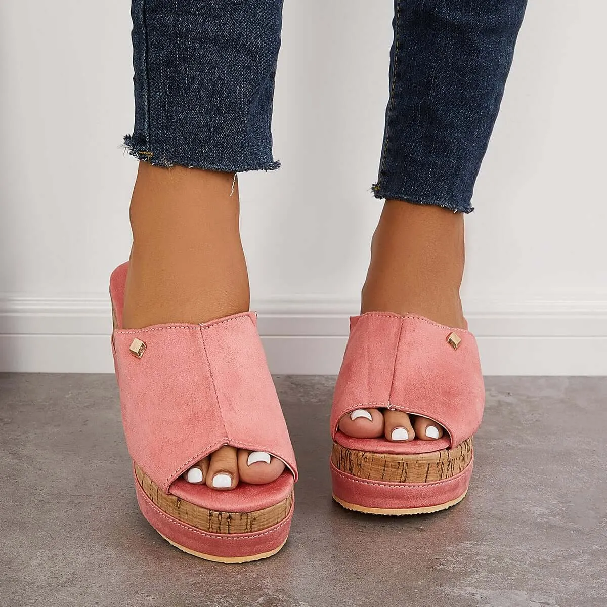 Sohiwoo Comfortable Cork Footbed Slip-on Sandals Platform Wedge Slippers