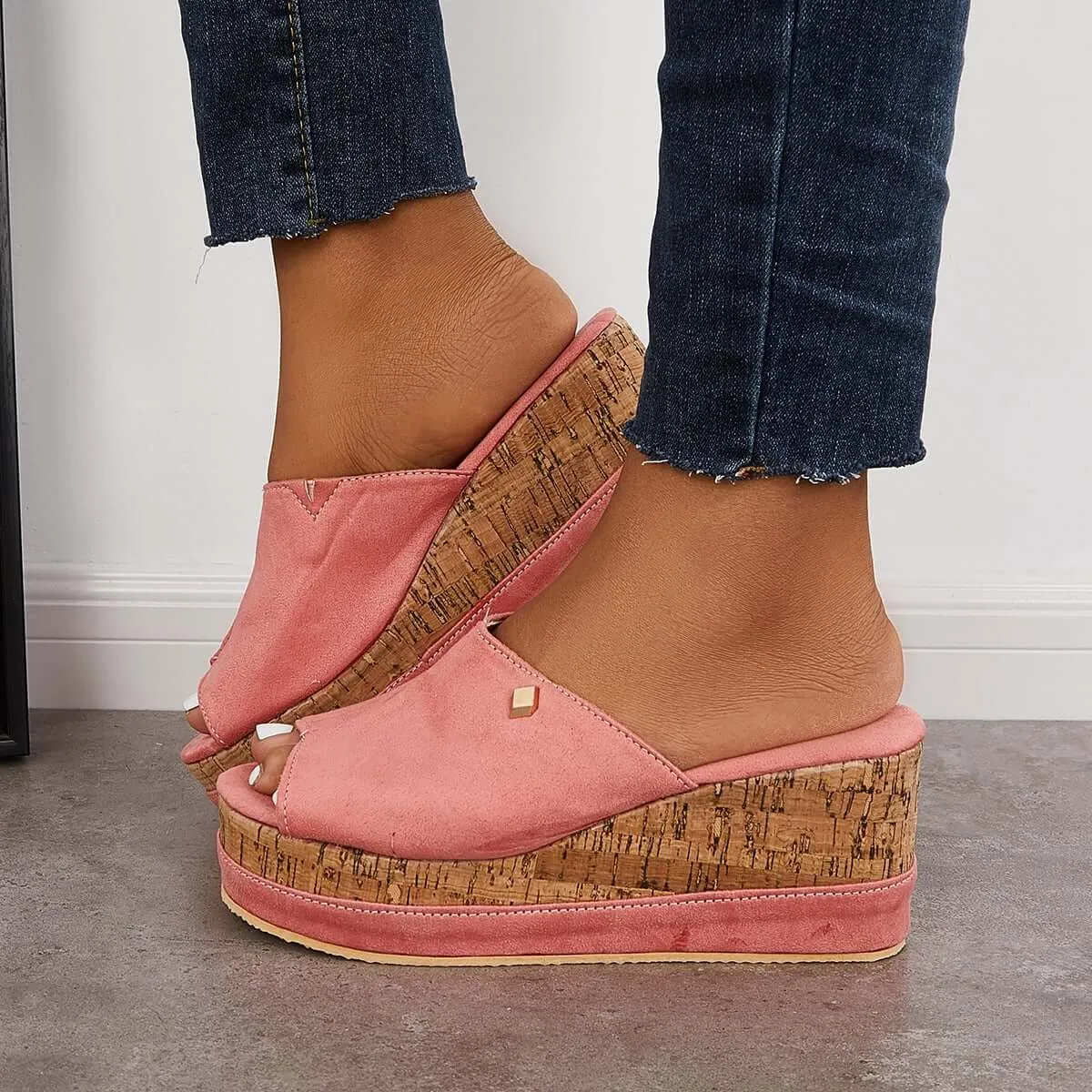 Sohiwoo Comfortable Cork Footbed Slip-on Sandals Platform Wedge Slippers