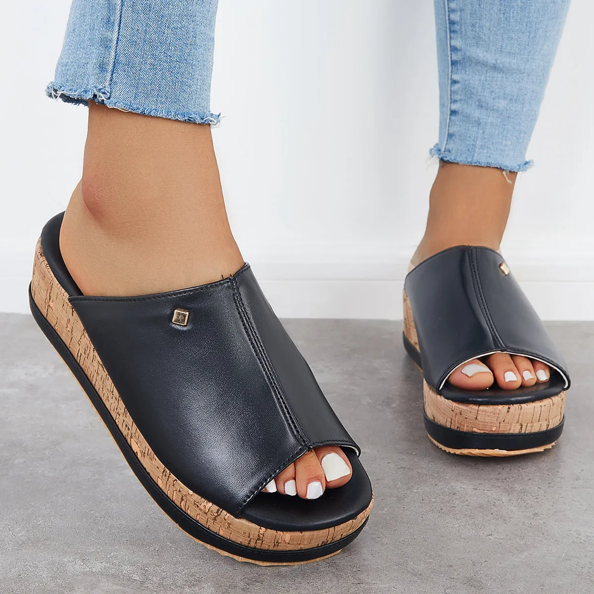Sohiwoo Comfortable Cork Footbed Slip-on Sandals Platform Wedge Slippers