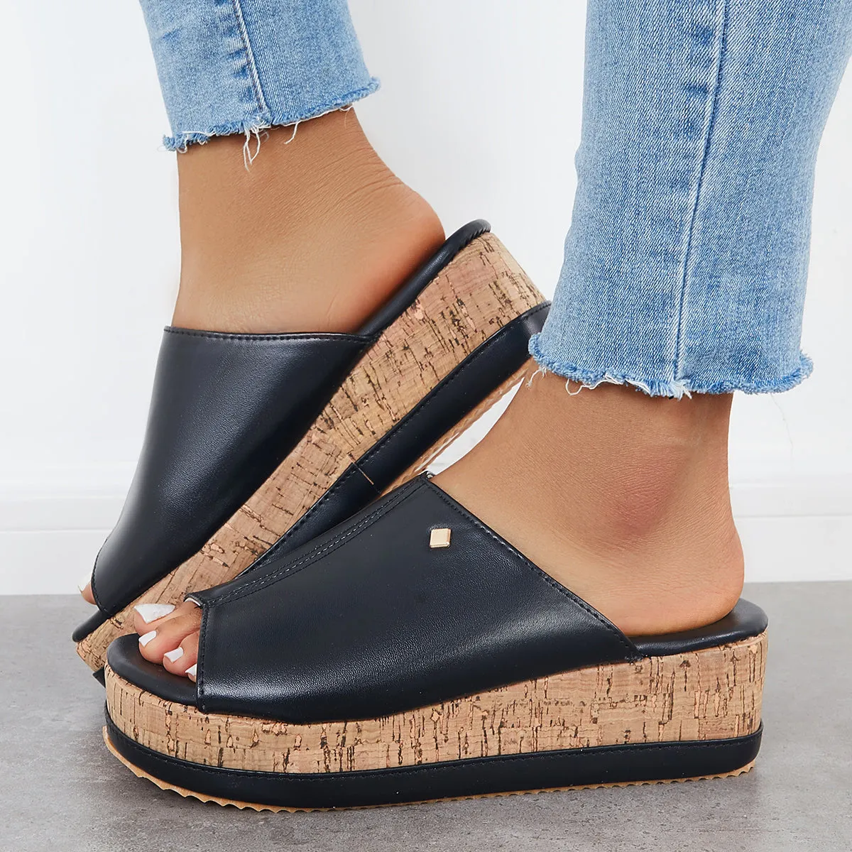Sohiwoo Comfortable Cork Footbed Slip-on Sandals Platform Wedge Slippers