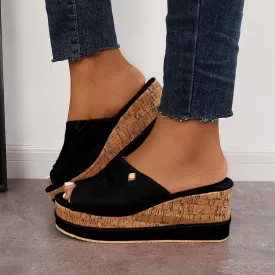 Sohiwoo Comfortable Cork Footbed Slip-on Sandals Platform Wedge Slippers