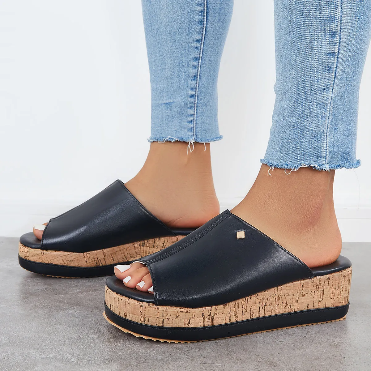 Sohiwoo Comfortable Cork Footbed Slip-on Sandals Platform Wedge Slippers
