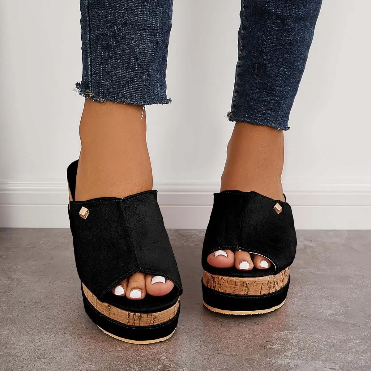 Sohiwoo Comfortable Cork Footbed Slip-on Sandals Platform Wedge Slippers