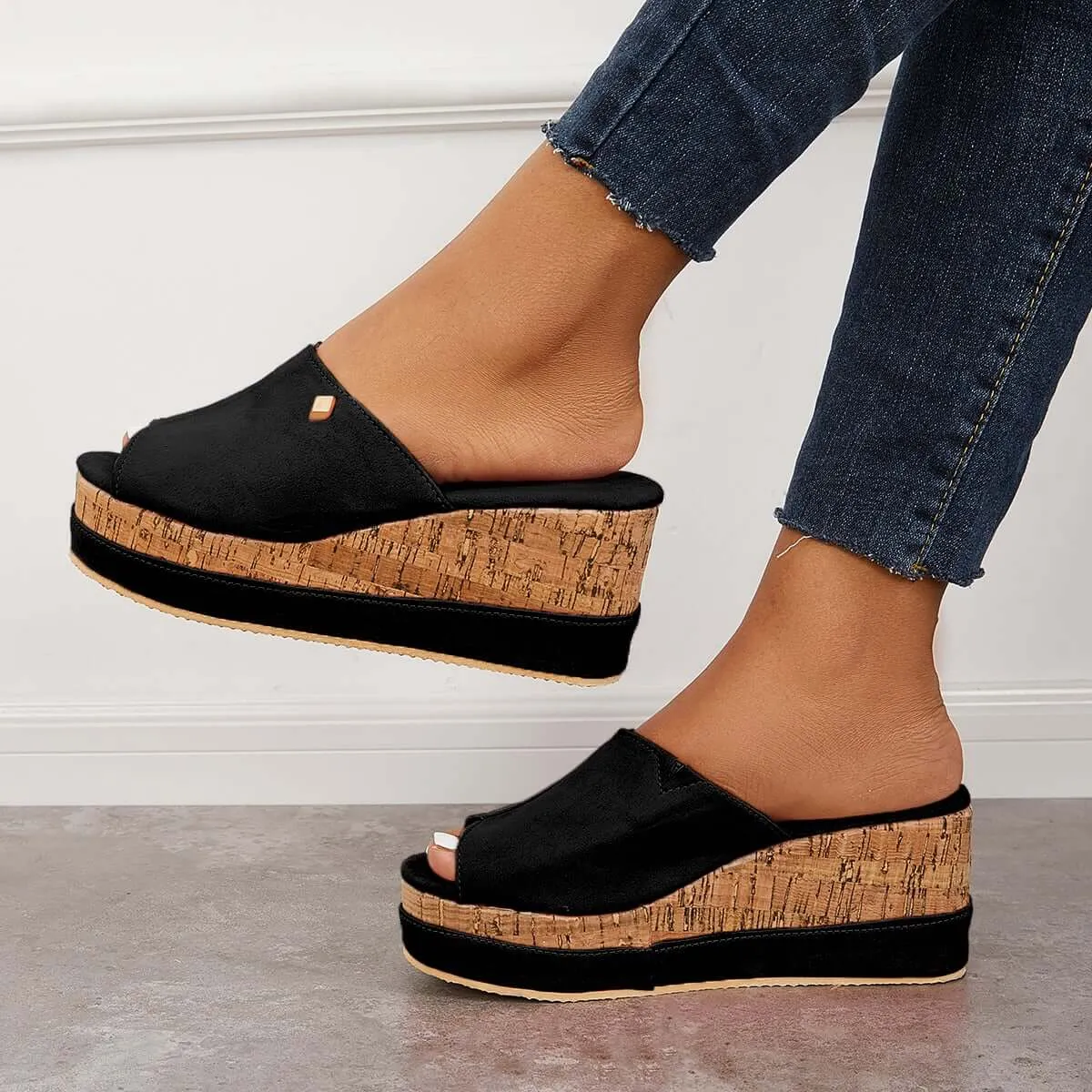 Sohiwoo Comfortable Cork Footbed Slip-on Sandals Platform Wedge Slippers