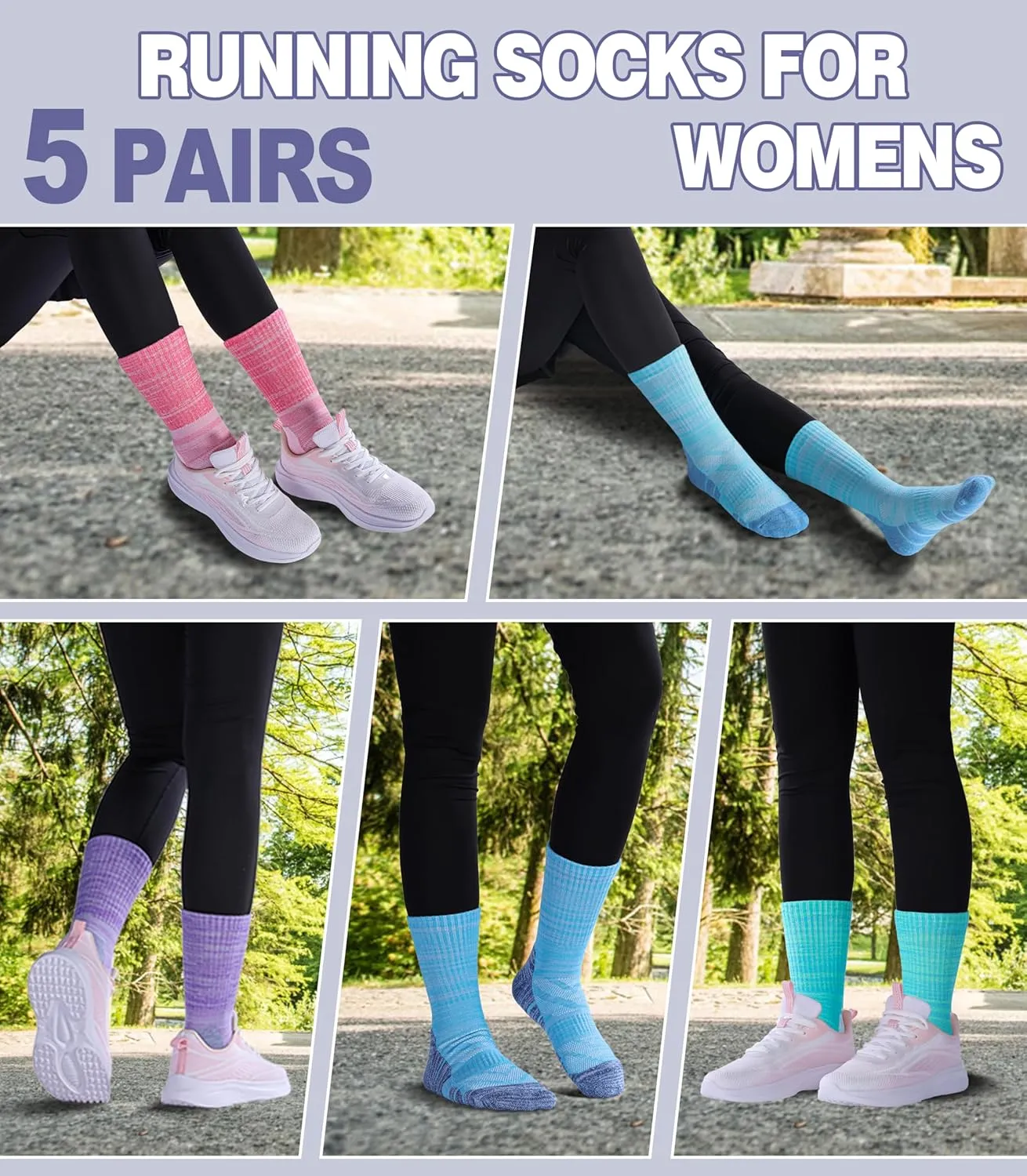 Women Hiking Crew Socks Running Athletic Thick Cushion Compression Moisture Wicking Walking Socks 5 Pairs