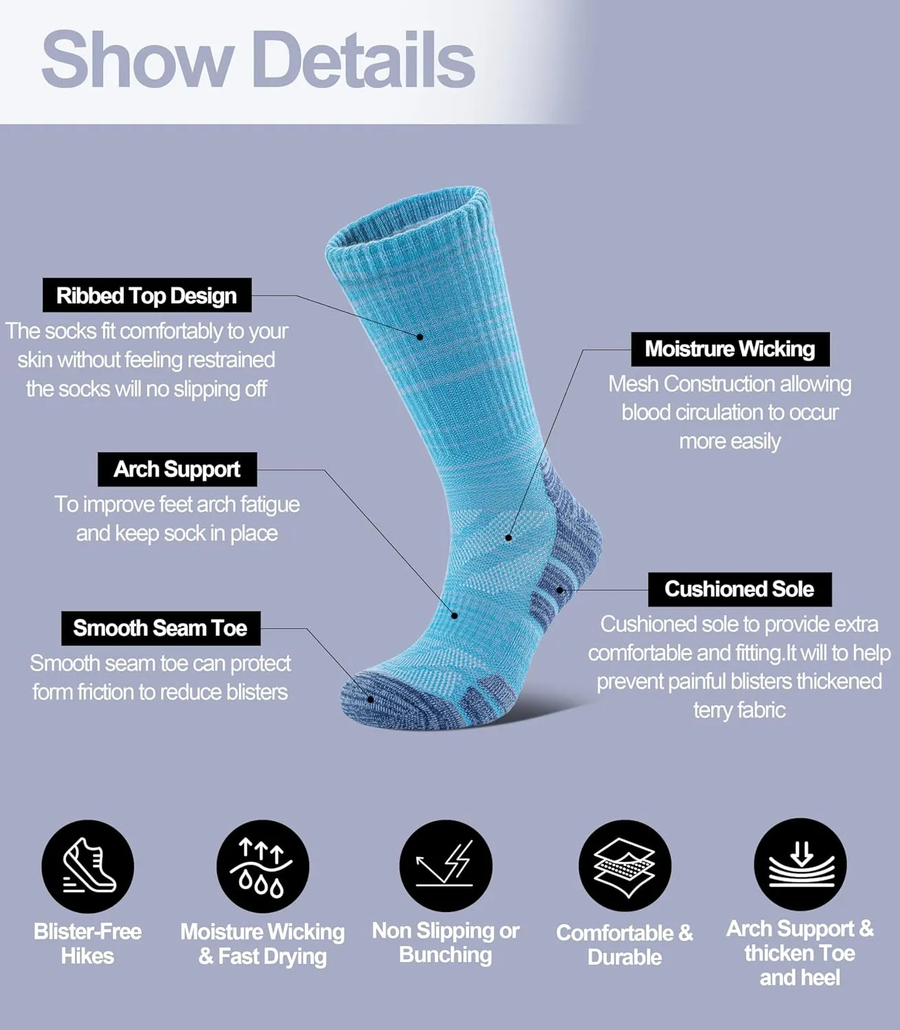 Women Hiking Crew Socks Running Athletic Thick Cushion Compression Moisture Wicking Walking Socks 5 Pairs