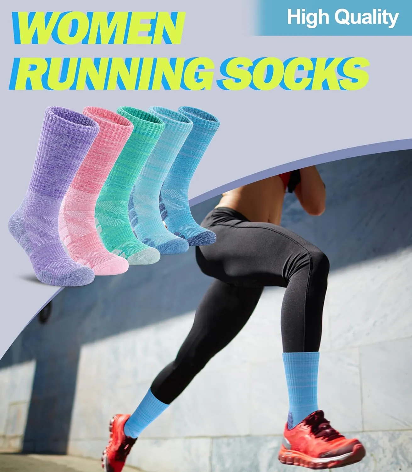 Women Hiking Crew Socks Running Athletic Thick Cushion Compression Moisture Wicking Walking Socks 5 Pairs
