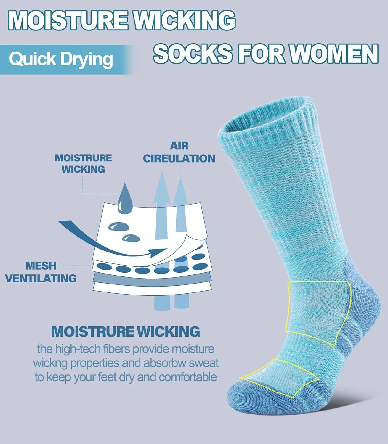 Women Hiking Crew Socks Running Athletic Thick Cushion Compression Moisture Wicking Walking Socks 5 Pairs
