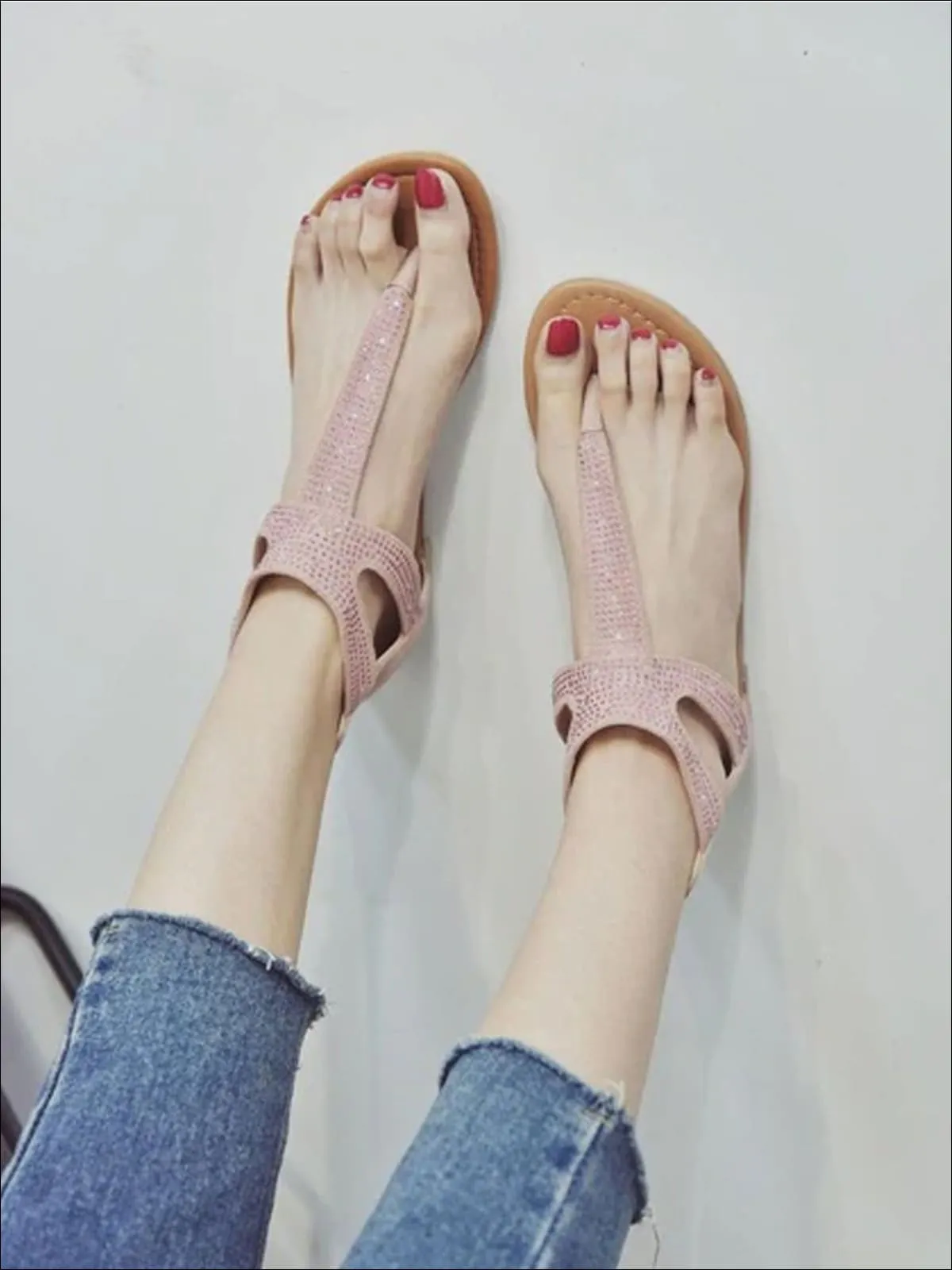 Women's Faux Suede T-Strap Flat Sandals With Rhinestone Appliques By Liv and Mia