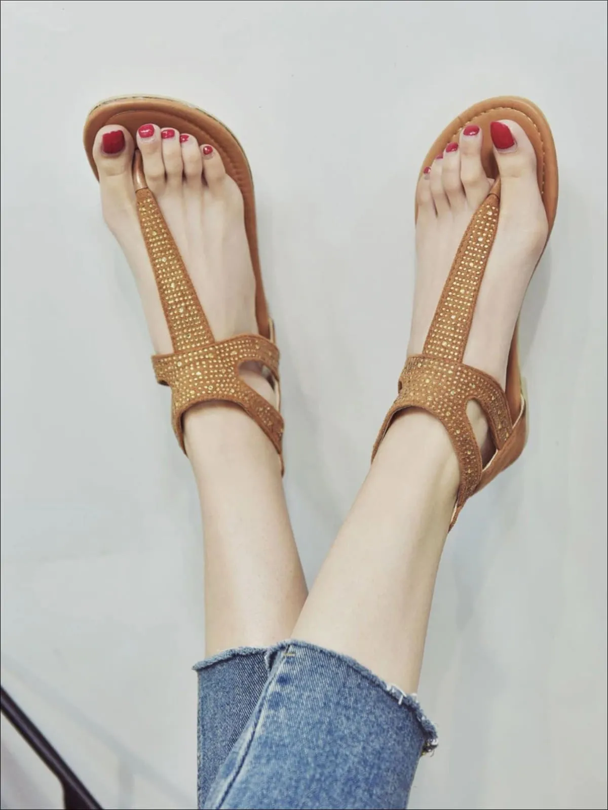 Women's Faux Suede T-Strap Flat Sandals With Rhinestone Appliques By Liv and Mia